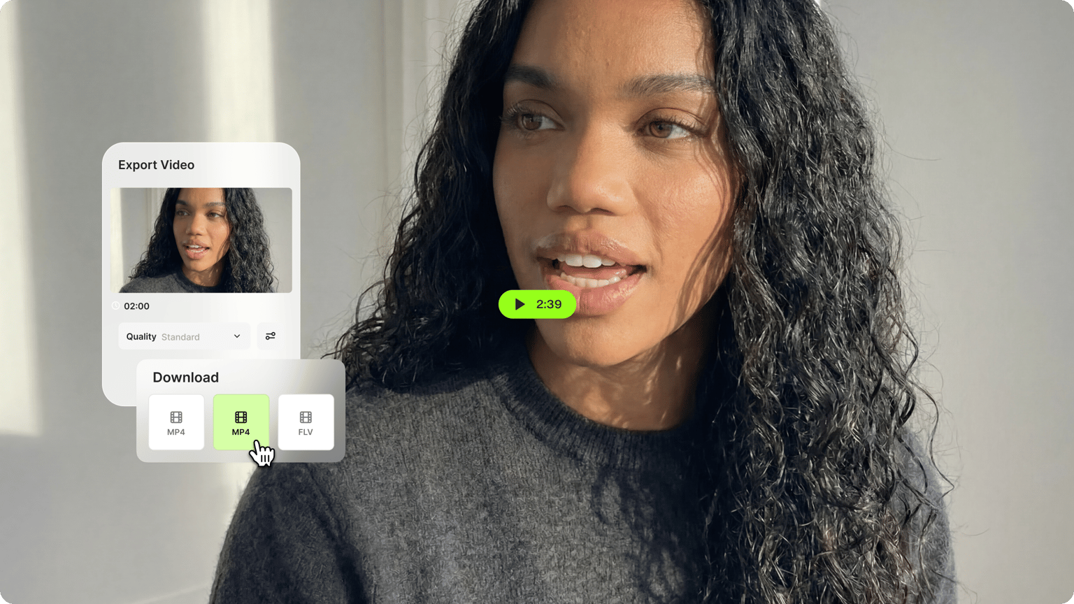 Curly haired woman in a grey sweater with an export video interface choosing MP4 format from a download menu.