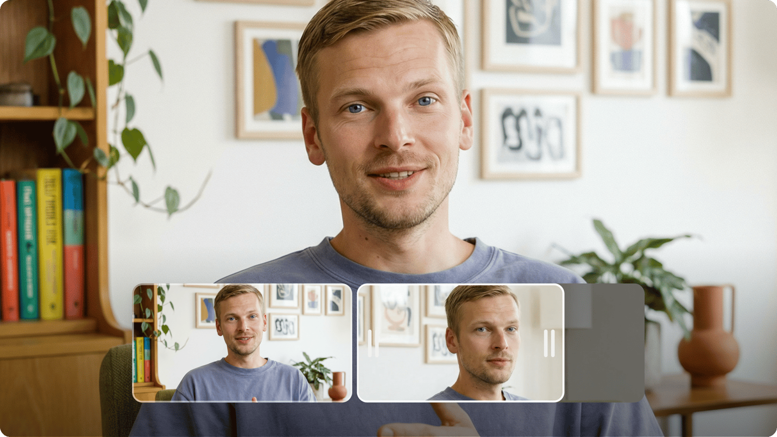 Man speaking to camera with video timeline showing clip selection for trimming and cutting in video editor demo