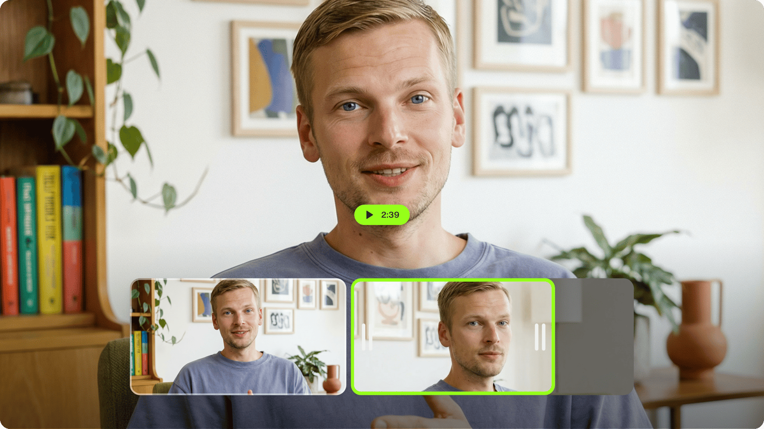 Man speaking to camera with video timeline showing clip selection for trimming and cutting in video editor demo
