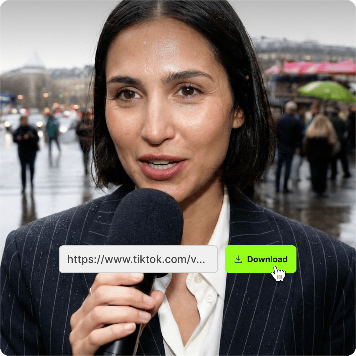 Reporter holding microphone on city street using VEED video downloader link option and green download button.