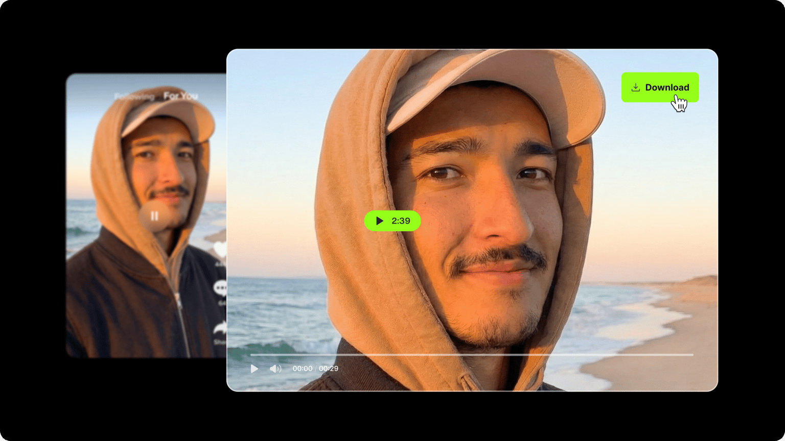 Man in hoodie with beach background under video downloader green interface button.