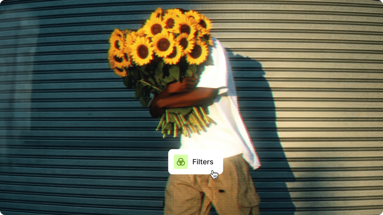 Video editor effects demo showing a cursor clicking filters over a glitchy video of a person holding sunflowers