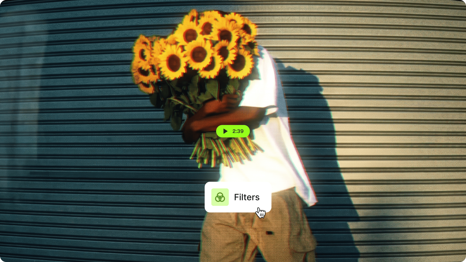 Video editor effects demo showing a cursor clicking filters over a glitchy video of a person holding sunflowers