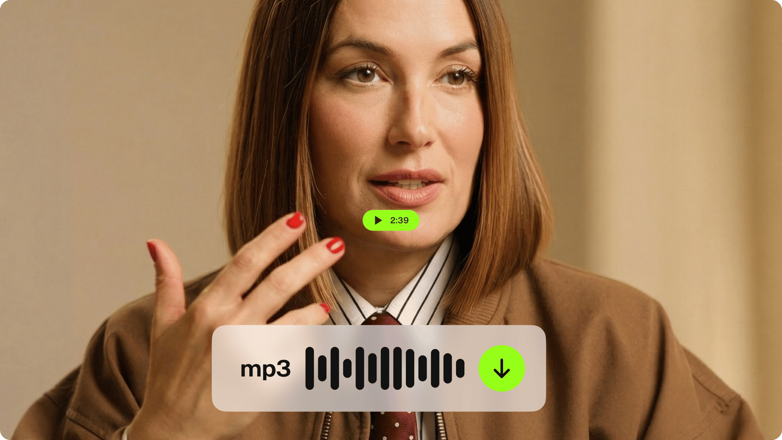 Video to Audio demo thumbnail with woman speaking and mp3 waveform download overlay showing how to convert video to audio