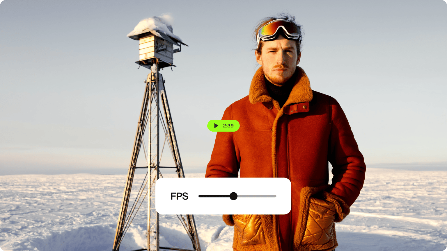 Video frame rate converter demo showing an FPS slider over a video of a man in a brown coat and goggles in the snow