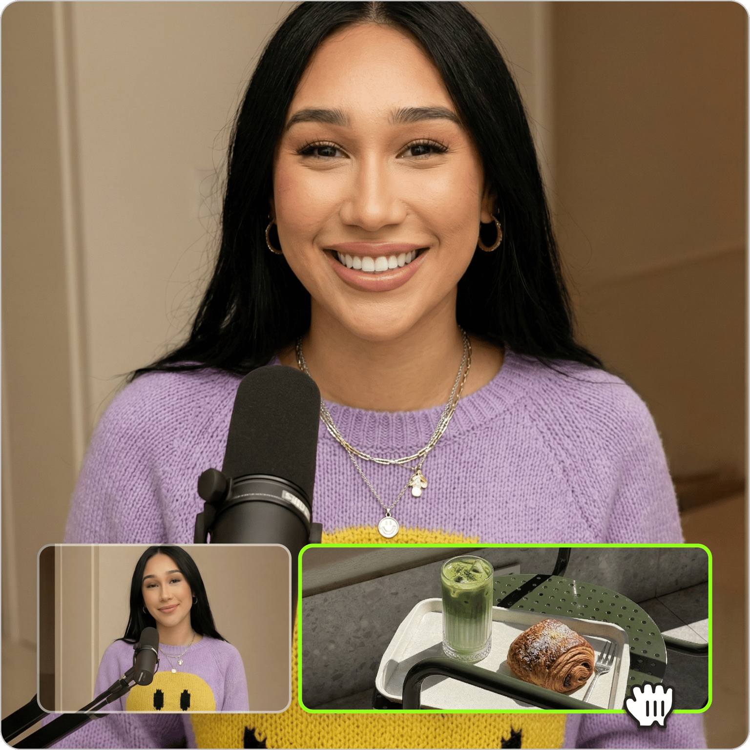 Woman speaking into a microphone next to media clip previews in an online video joiner tool interface.