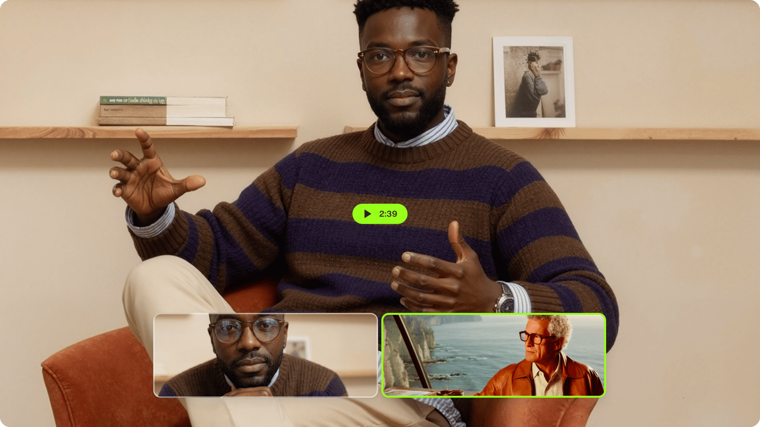 Man talking on camera with two preview windows displaying different video clips in an online video merger app.