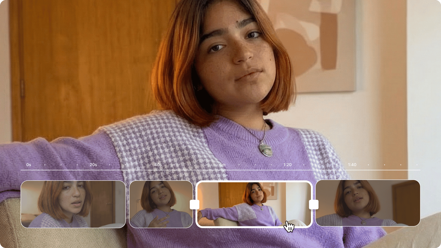 Video maker tutorial showing an editing timeline with video clips of a woman wearing a purple sweater