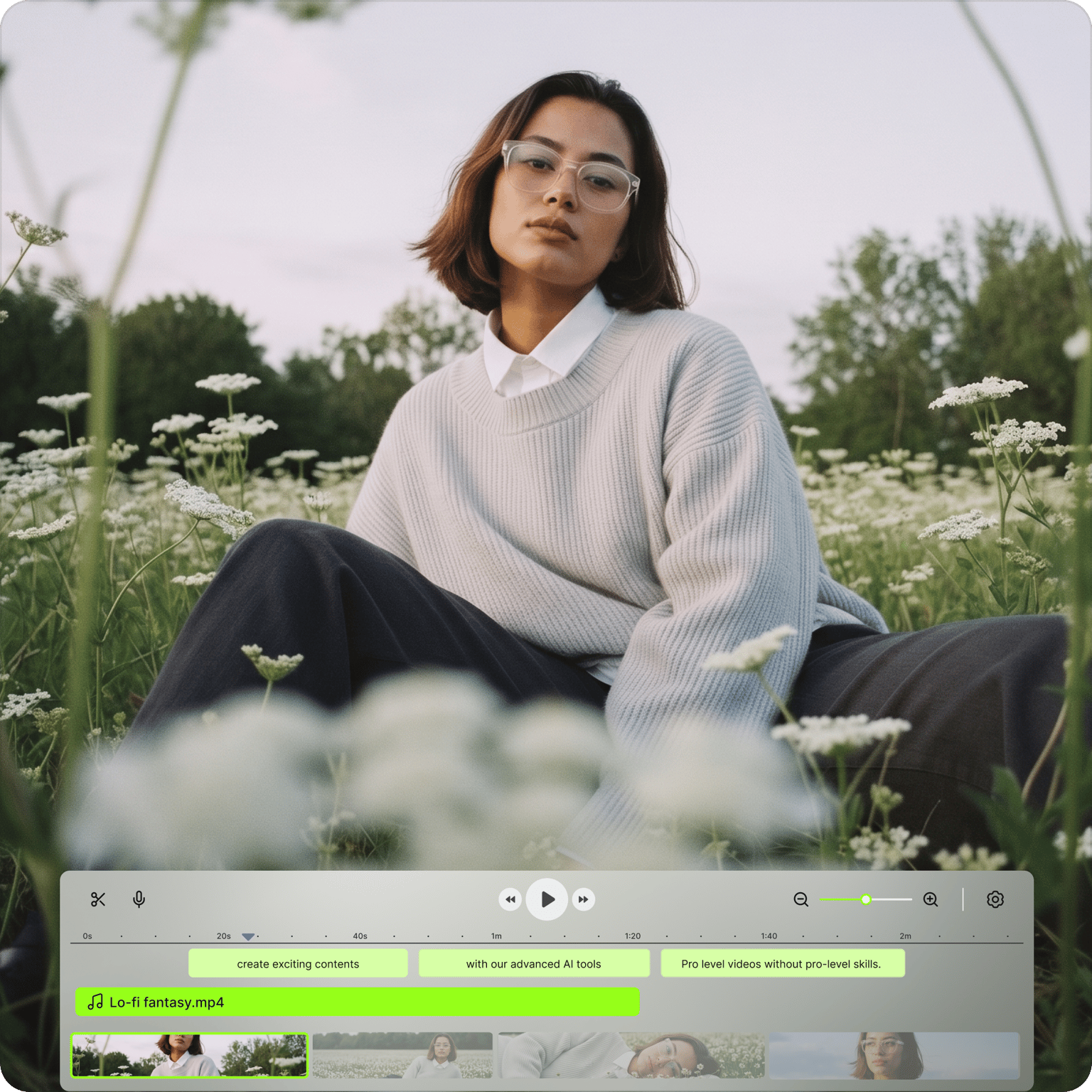 Video maker workspace showing an editing timeline and audio track under a video of a woman sitting in a field