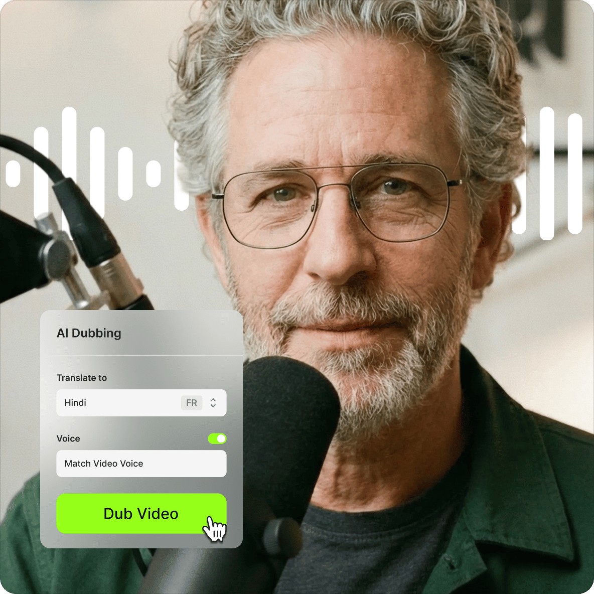 An AI video translator tool menu with an option to translate to Hindi over a close up of a man at a microphone.