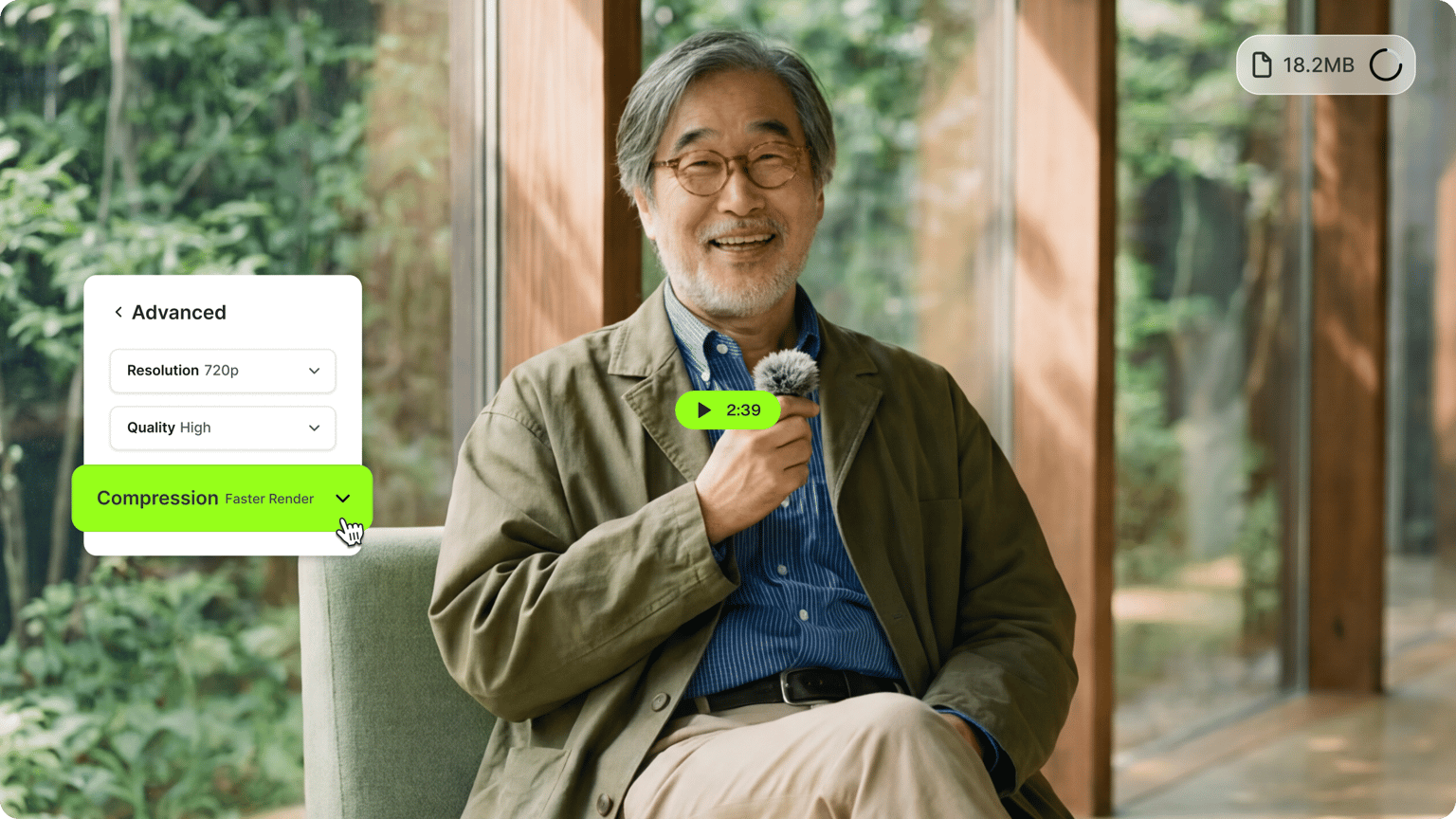 Elderly man holding a lapel mic with an advanced compression settings menu for faster render video optimization.