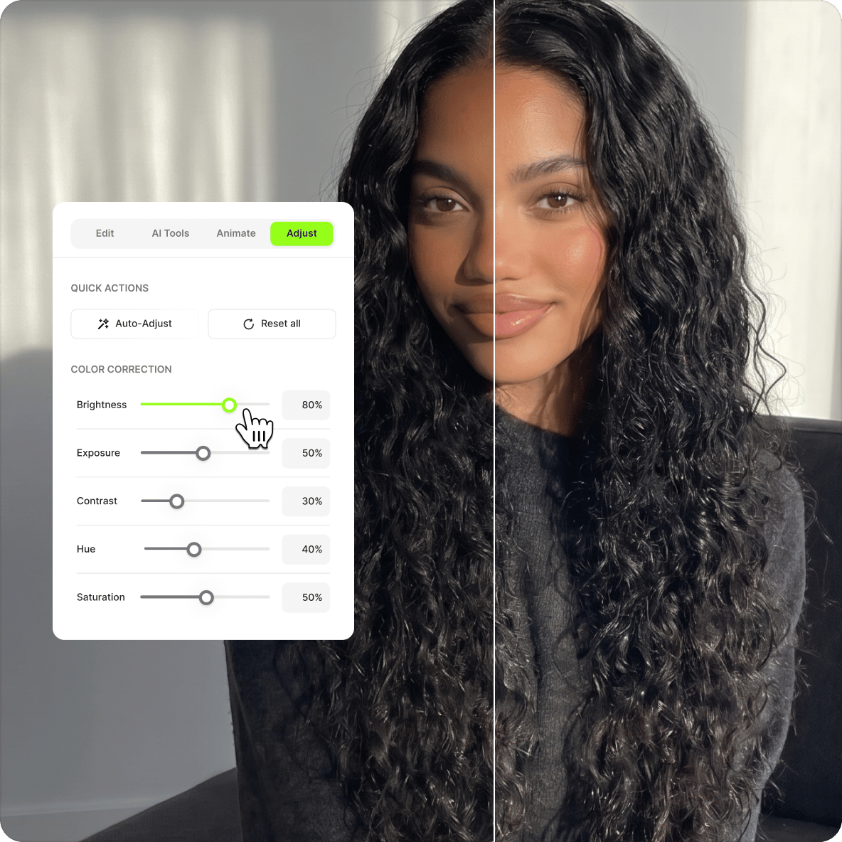 Before and after split view of a woman using a video enhancer interface to adjust brightness to 80 percent.
