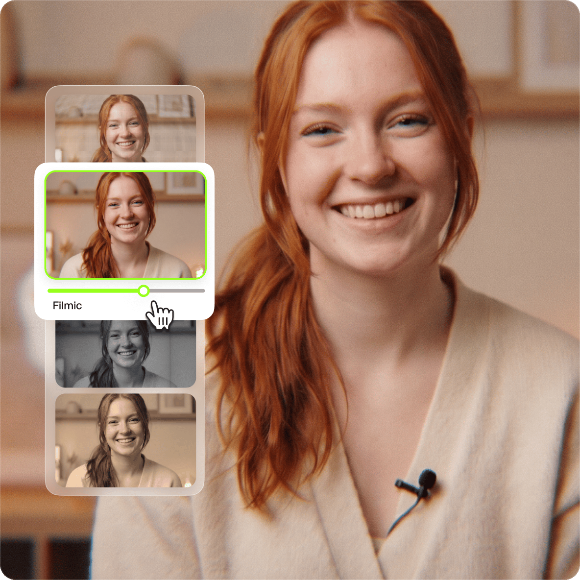 A hand cursor adjusts the Filmic option in a vertical stack of video filters over a portrait of a smiling woman.