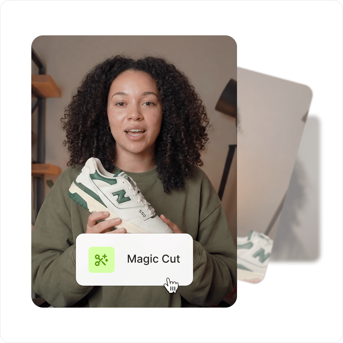 Video splitter magic cut button overlaying a vlog of a woman in a green sweater holding a sneaker