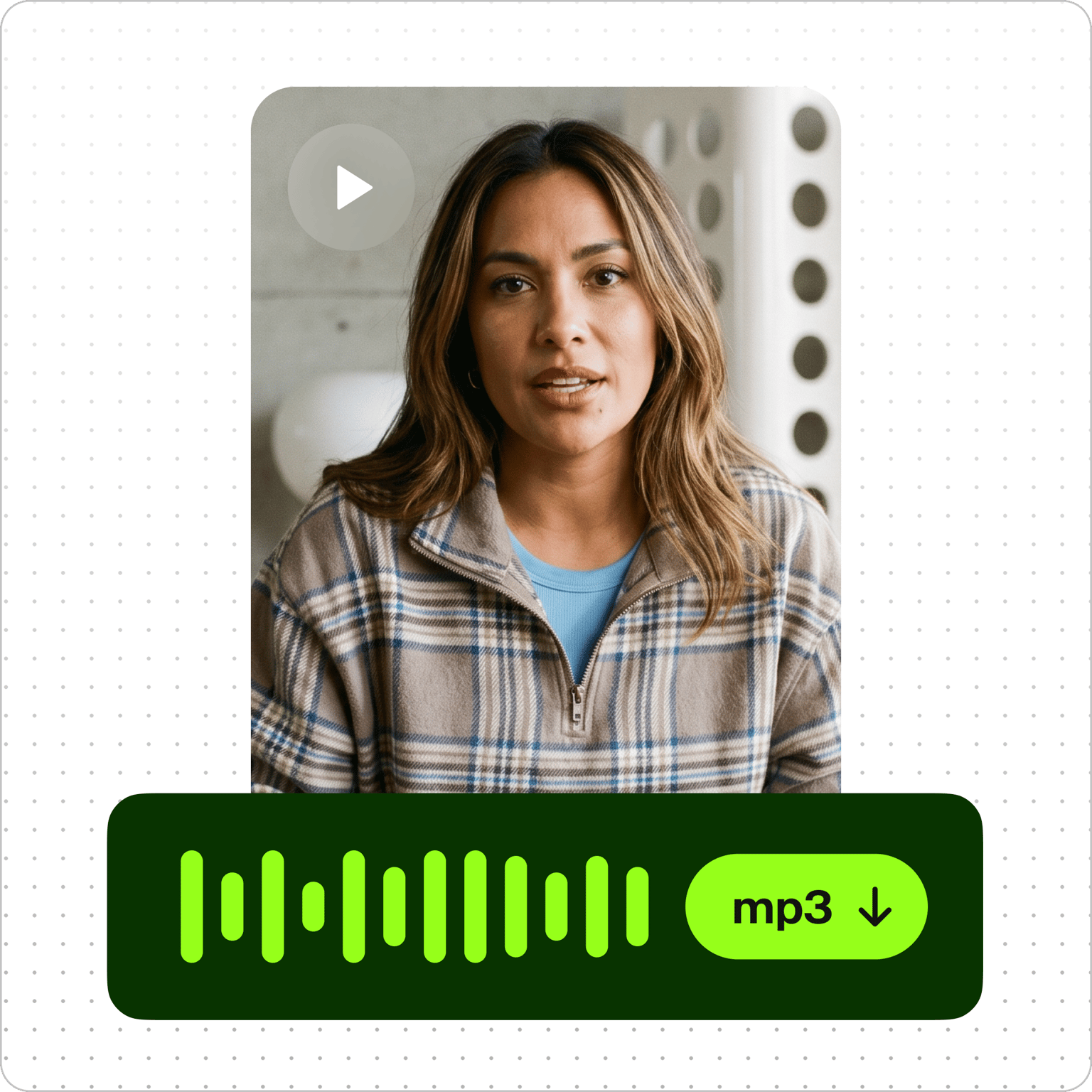 Video to Audio interface showing woman speaking in video player with waveform and mp3 download button for audio extraction