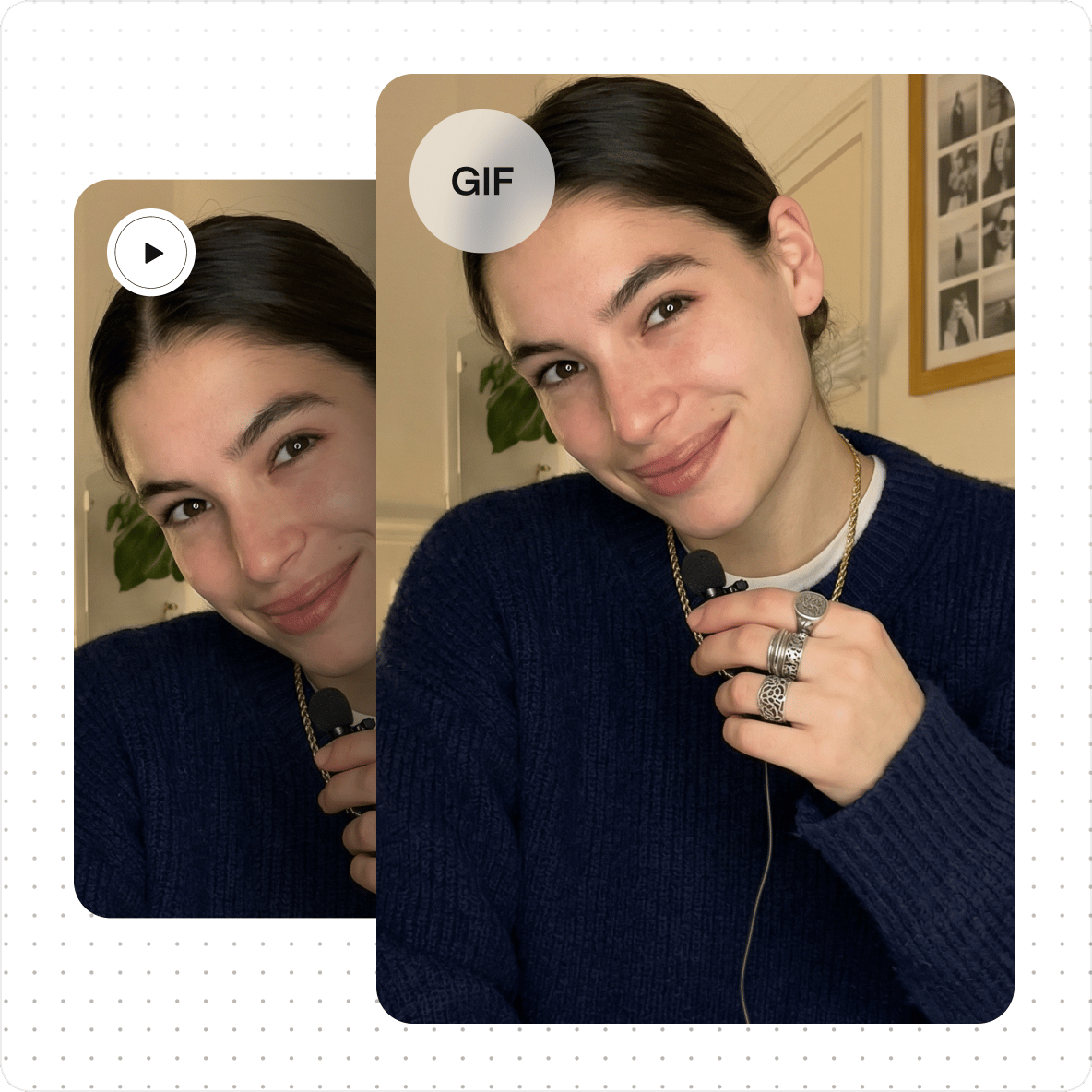 Woman holding a small microphone showing a side by side preview of a clip being converted with a video to GIF tool.