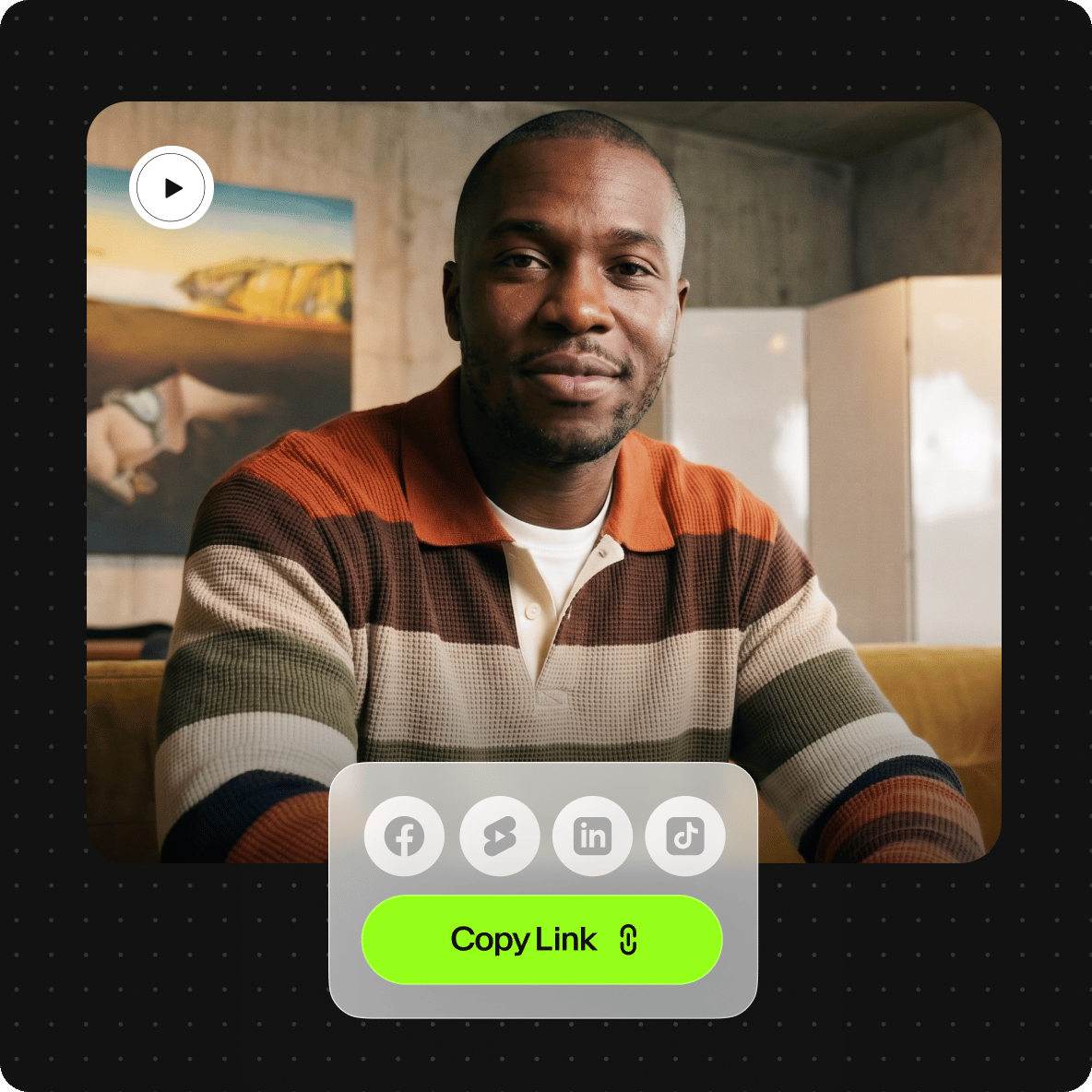 Man in a striped shirt sitting down with a copy link button overlay for an online video to link converter tool.