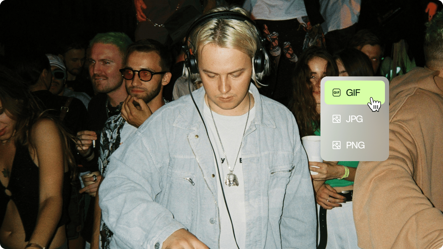 Video to photo demo showing a cursor selecting GIF format over a video of a DJ wearing headphones at a crowded party