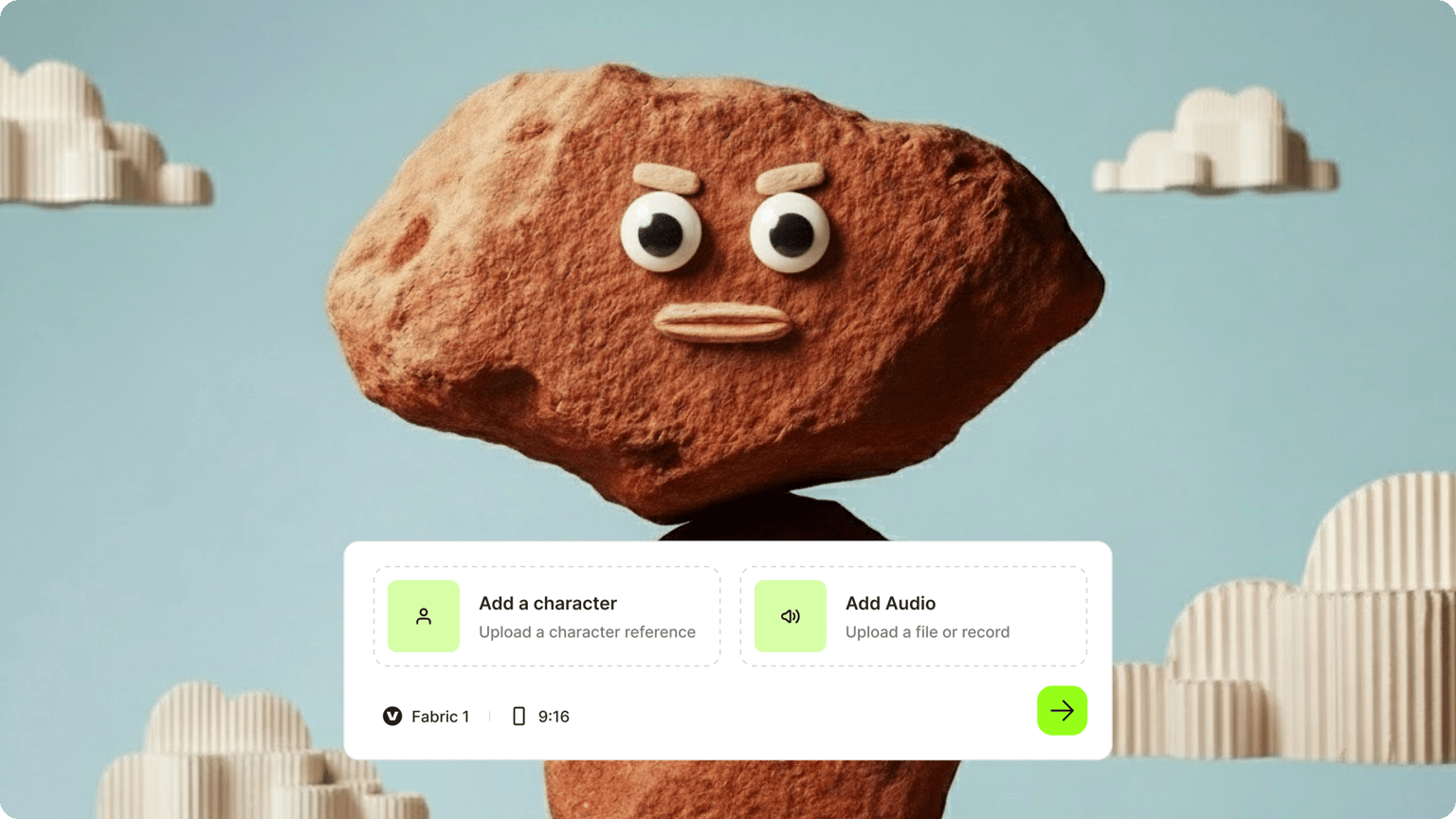 Rock character with googly eyes surrounded by cardboard clouds with video to video AI generator interface overlay.