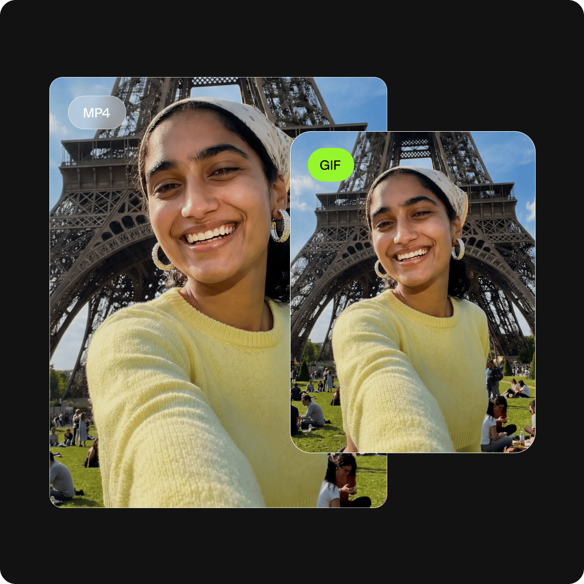 Smiling woman taking a selfie video at the Eiffel Tower converting an MP4 clip into a looping GIF boomerang.