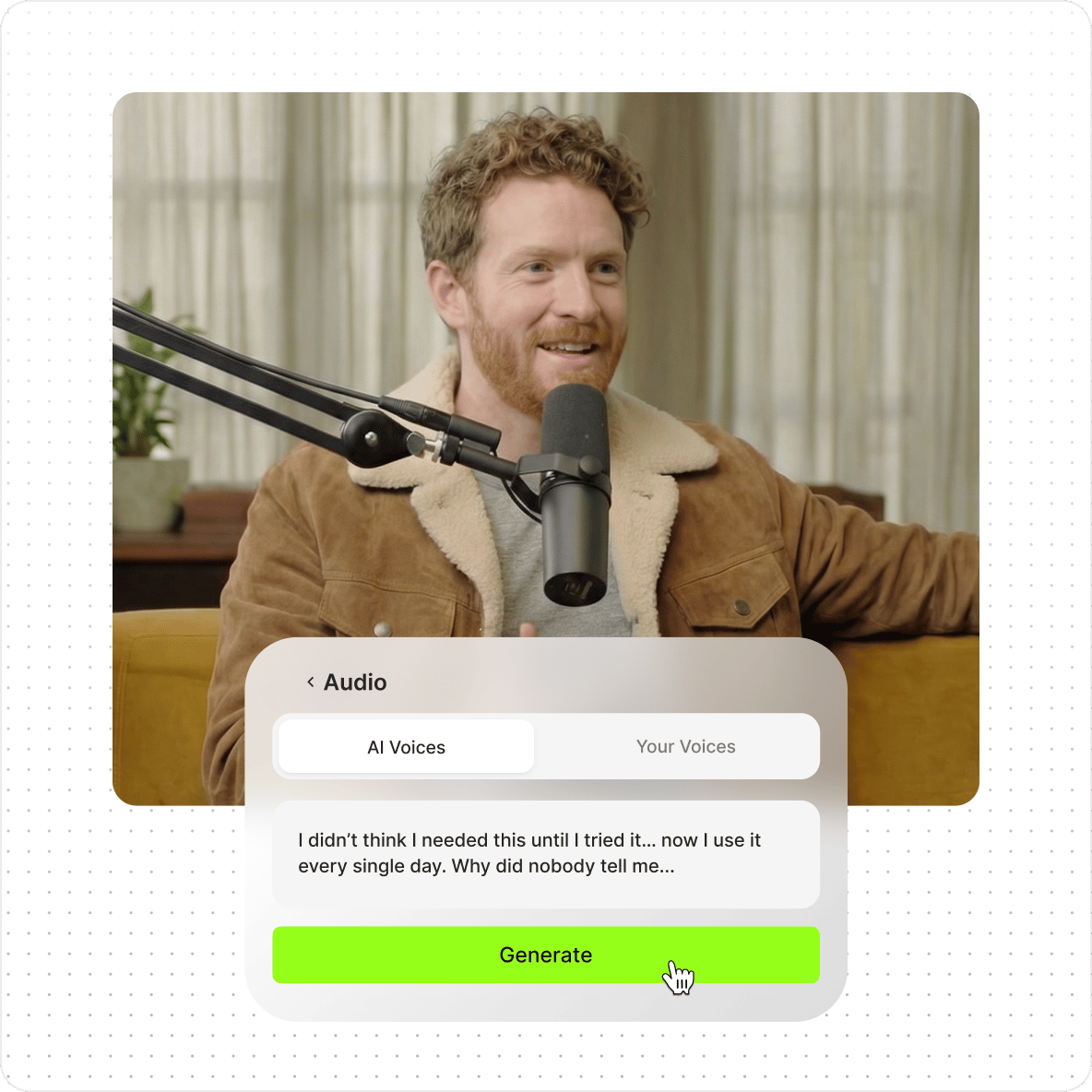 Man speaking into a podcast microphone with an AI voices audio interface overlay and a cursor clicking generate.