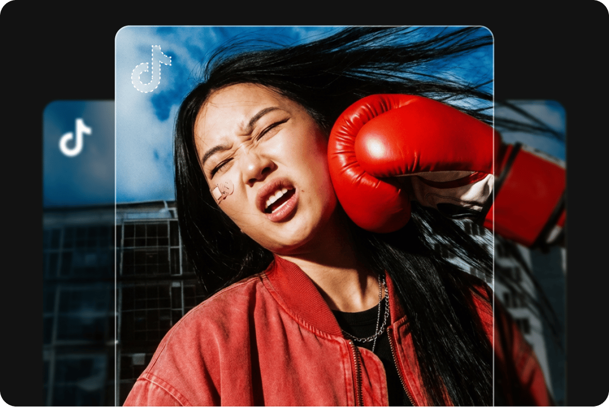 Woman in a red jacket being hit by a boxing glove with a dashed cutout around the TikTok logo watermark.
