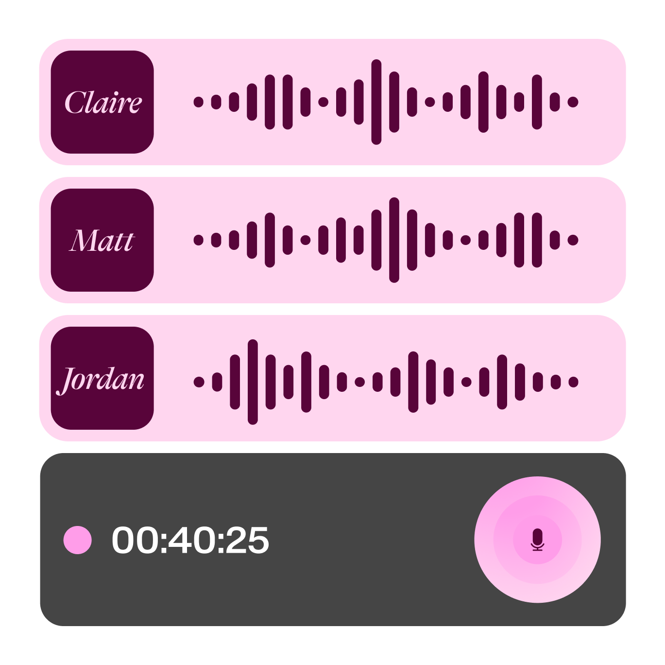 VEED's Voice Cloning feature displaying three AI voice options—Claire, Matt, and Jordan—each with audio waveform visualization and a playback control.