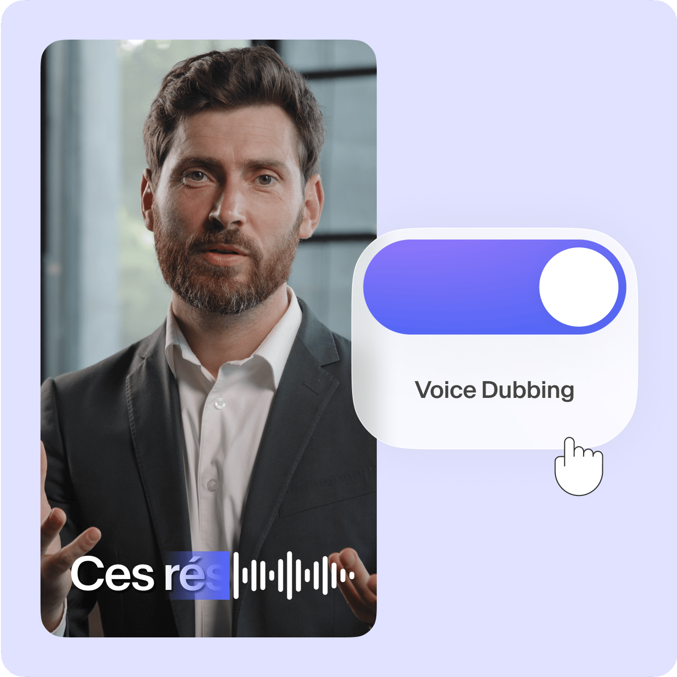 VEED's Voice Dubbing feature toggle demonstrating how to enable voice dubbing on a video clip with audio waveform.