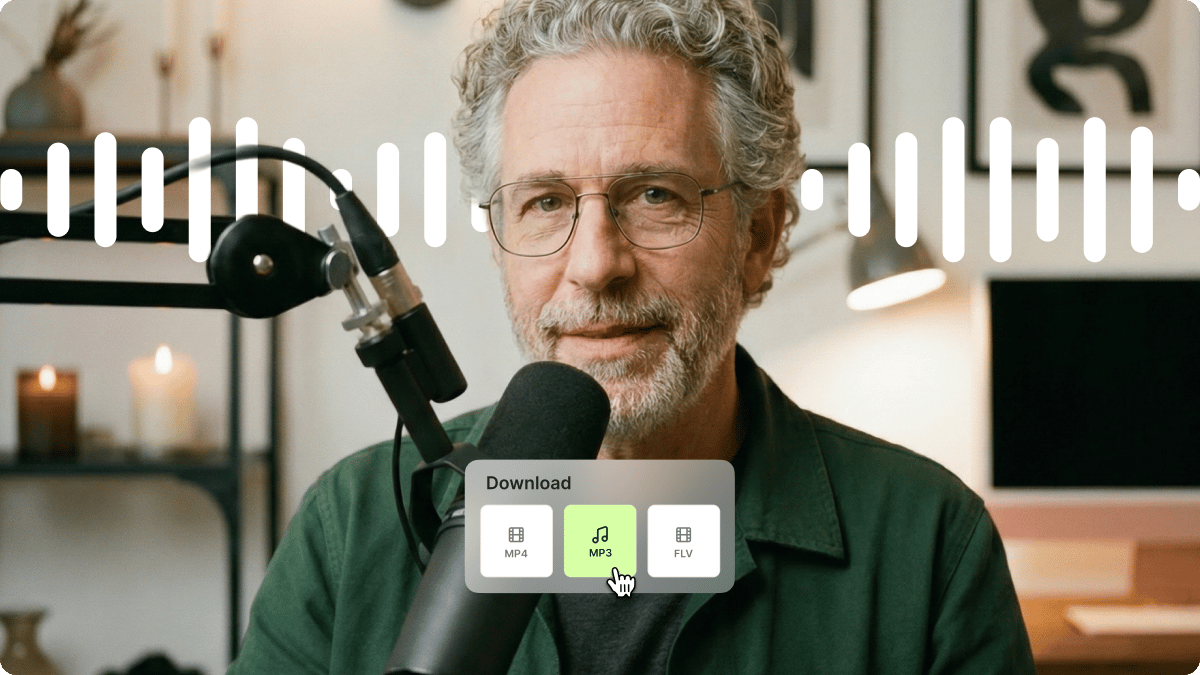 Man speaking into a microphone with a voice waveform and download options for MP4 MP3 and FLV formats.