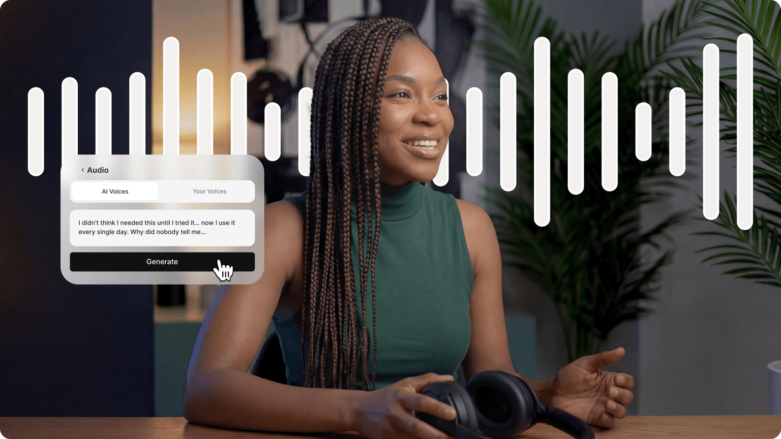 Woman with braids holding headphones in front of a giant sound wave graphic and an AI voices generator interface.