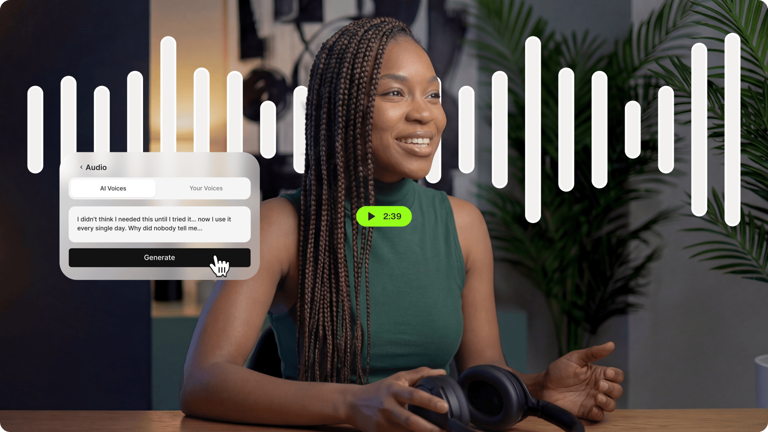 Woman with braids holding headphones in front of a giant sound wave graphic and an AI voices generator interface.