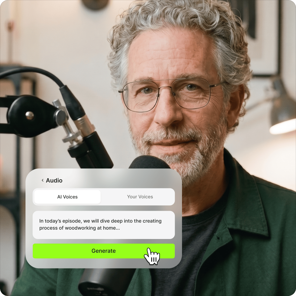 Older man with gray hair behind a studio microphone with an AI voiceover creator menu option ready to generate text.