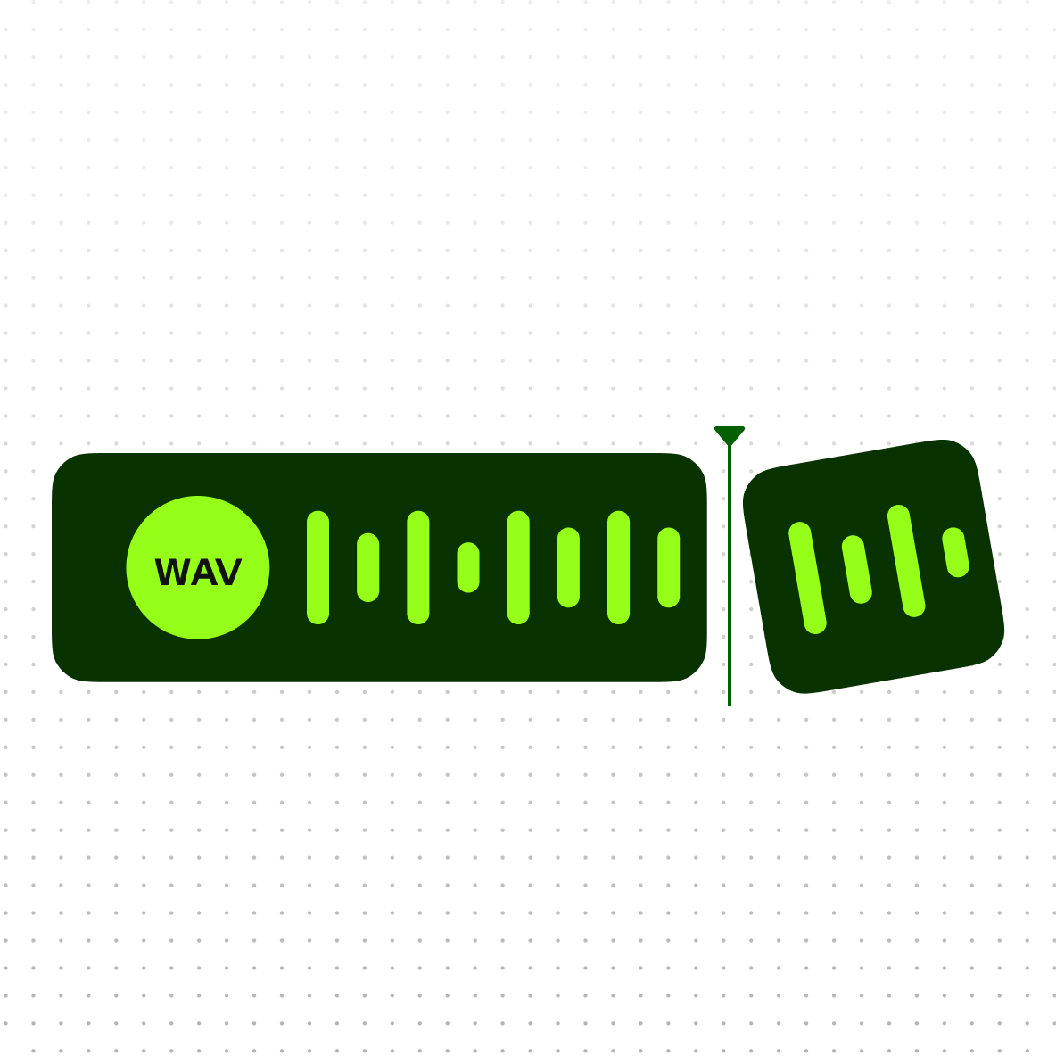 An abstract graphic of a dark green WAV audio track being split and cut by a trimmer tool on a dotted background.