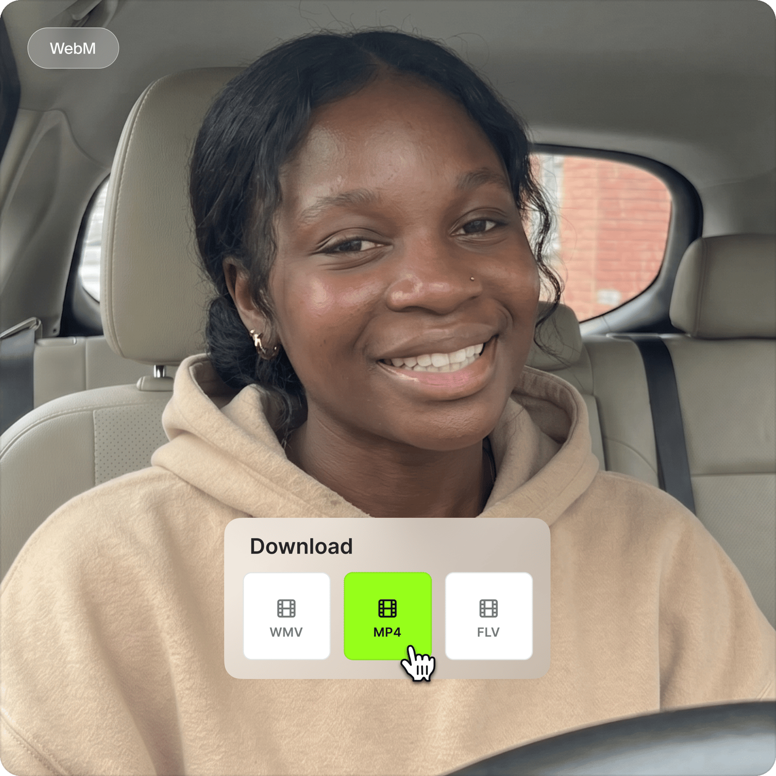 Smiling woman in a car with a WebM label converted into an MP4 video format selection on a download menu.