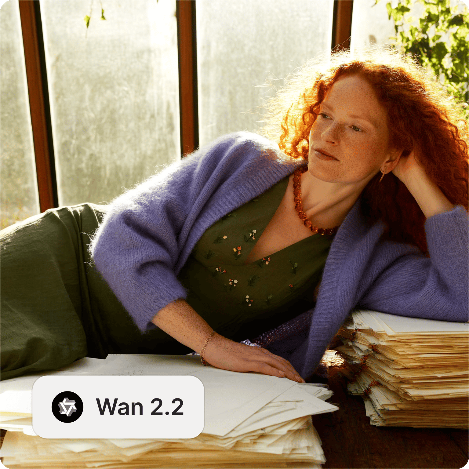 Wan 2.2 text to video model showing a red haired woman lounging by papers in front of a sunny window