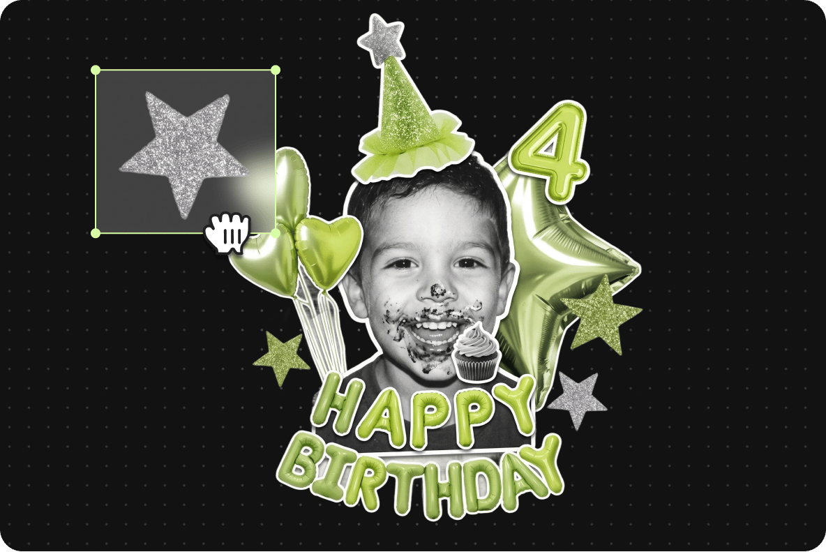 Birthday wallpaper graphic with a messy kid, balloons, and a cursor adding a glitter star using a sticker maker.