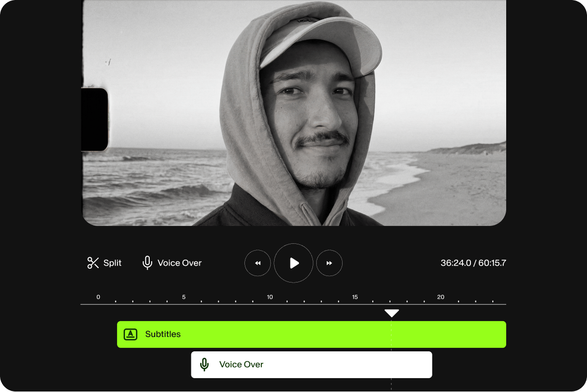 A bright green subtitles track and white voice over track sit below a video timeline preview of a man on a beach.