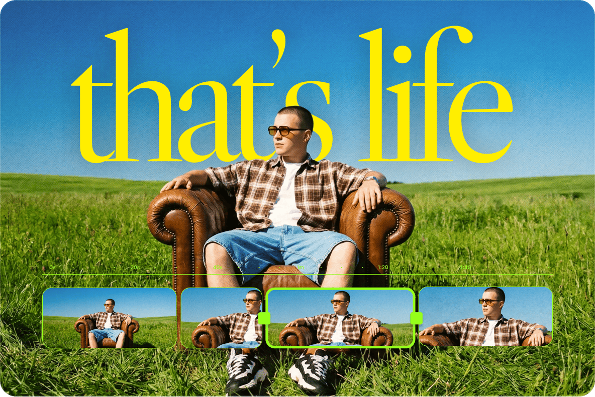Man sitting on a leather chair in a field with a video editor timeline track displaying a music video sequence.