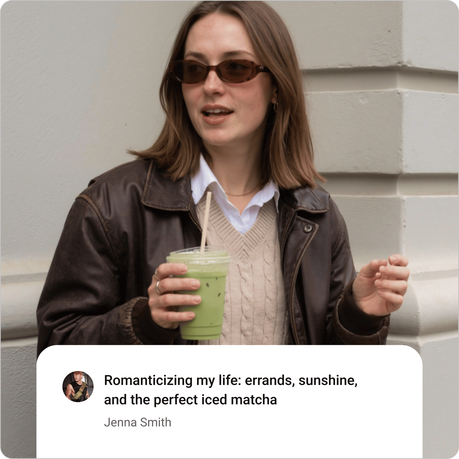 YouTube Title Generator overlay on woman holding iced matcha with video title about lifestyle vlog and daily routine