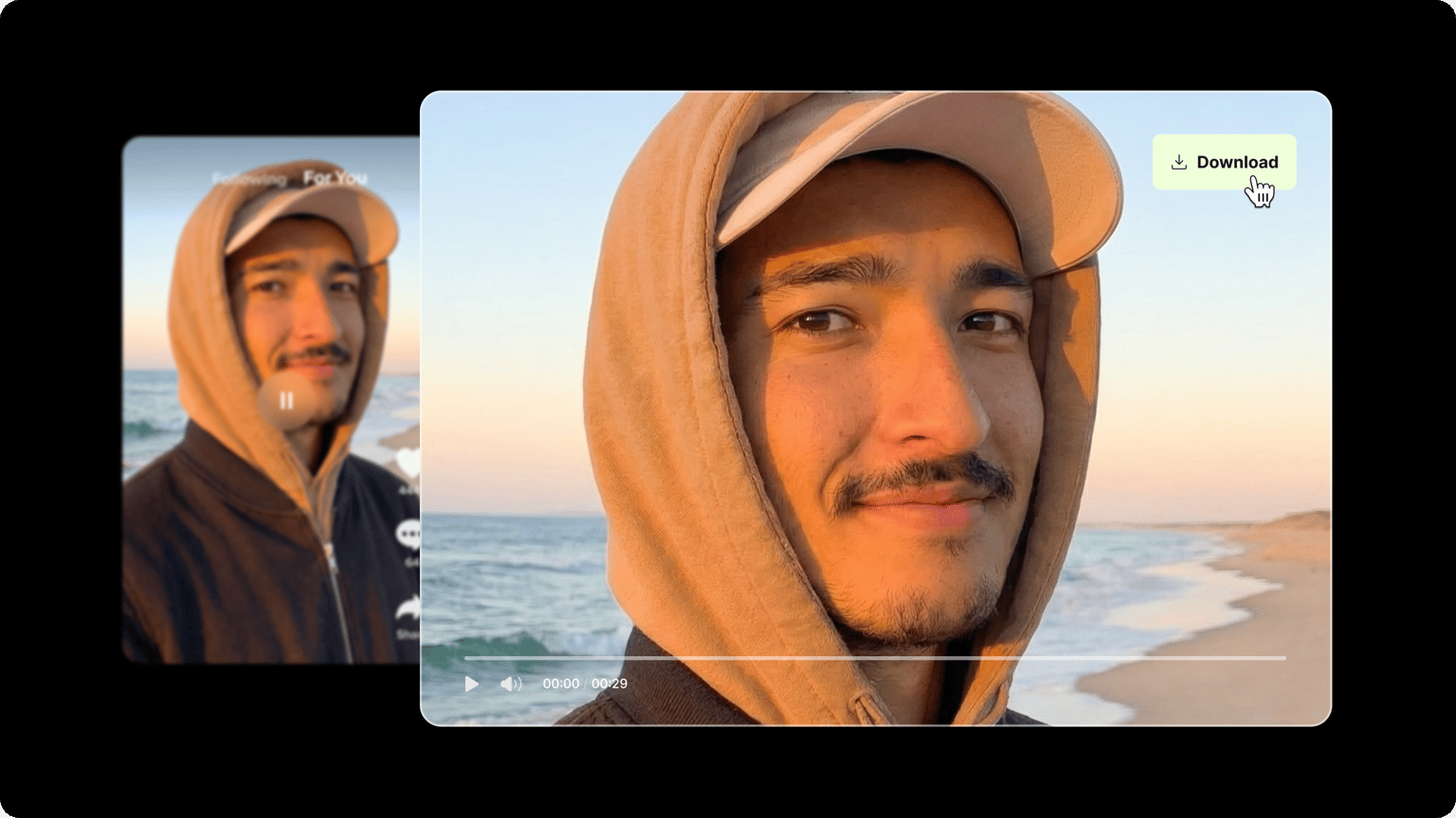A video player showing a man in a hoodie at the beach with a cursor hovering over a download button.