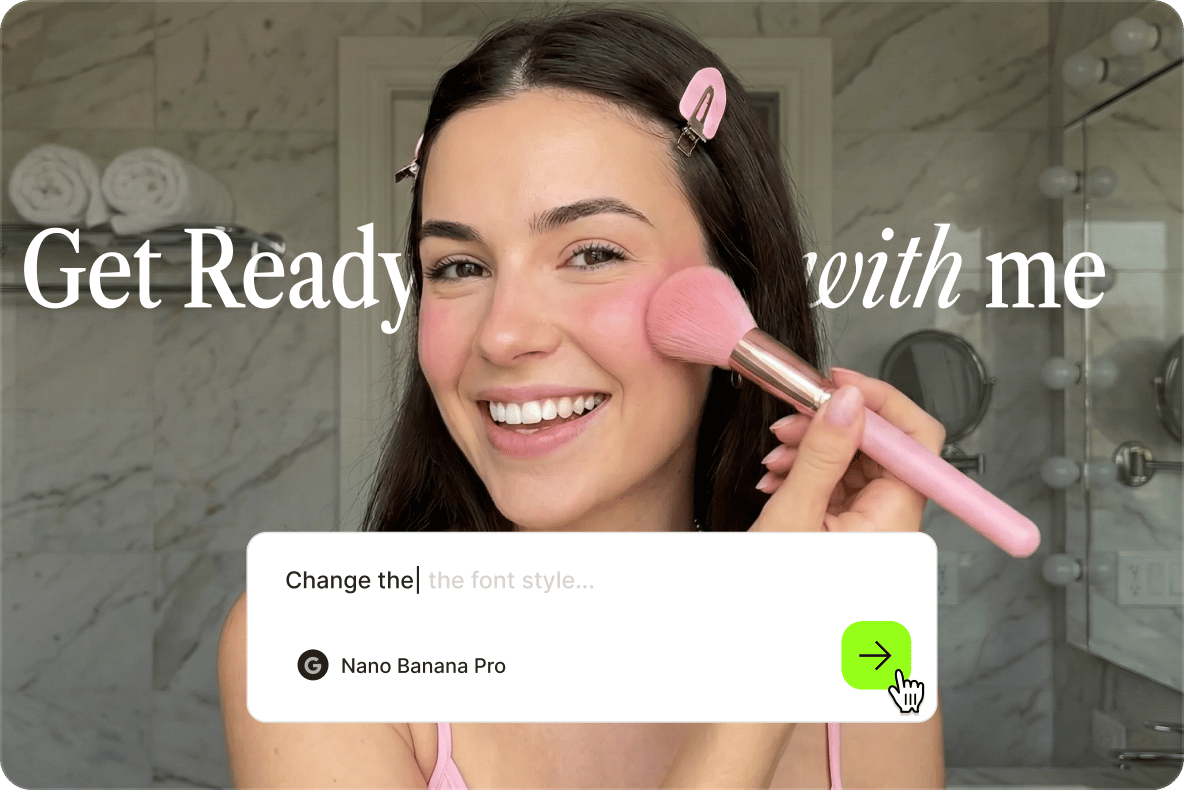 A smiling woman applying blush in a bathroom with an AI prompt overlay to 'Change the font style' in the VEED prompt box.