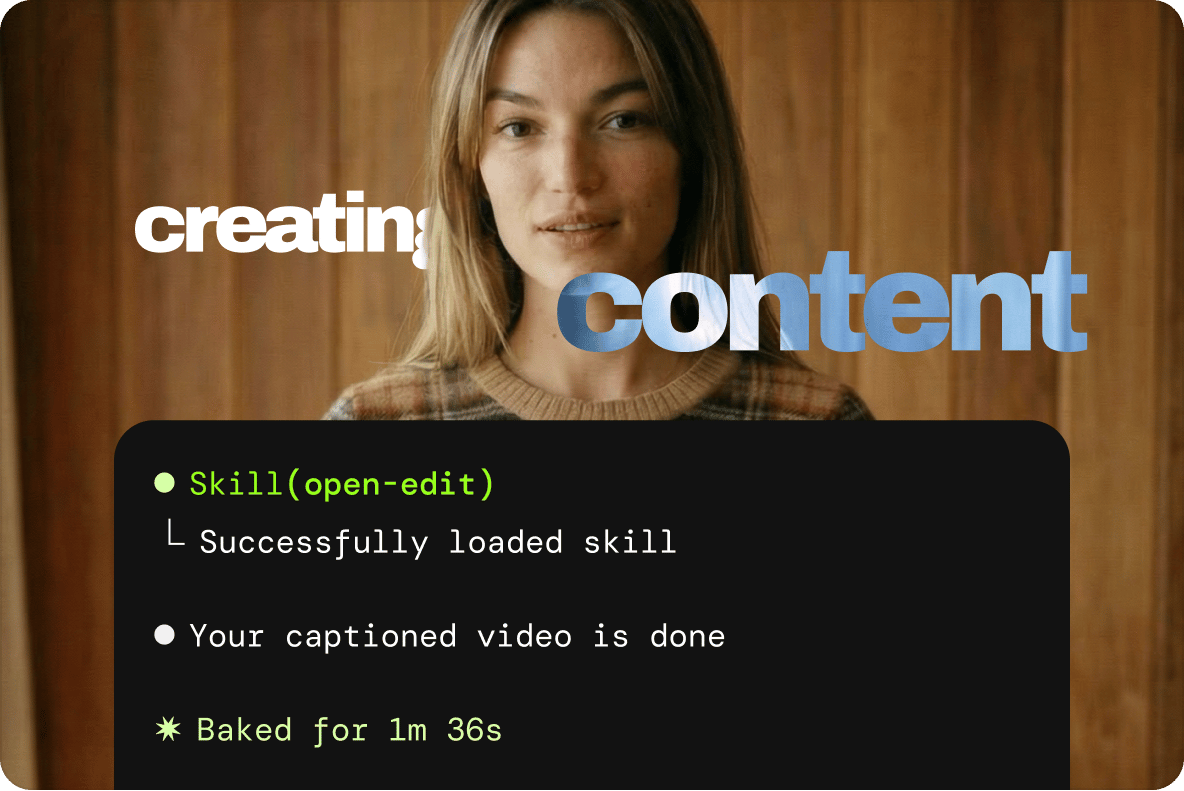 Woman with content text overlay behind terminal window showing completed video rendering status