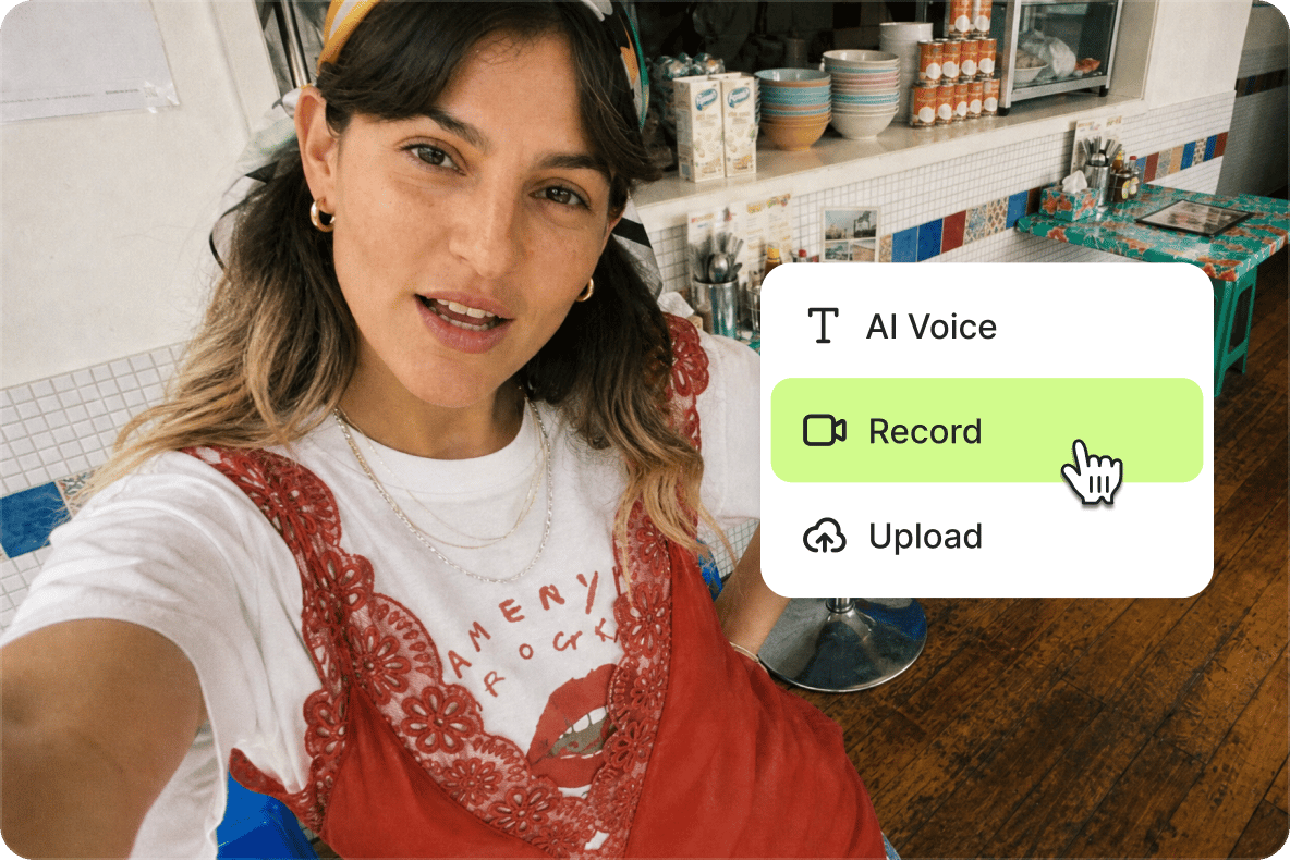 Woman taking a selfie with an interactive interface highlighting AI voice record and audio upload features