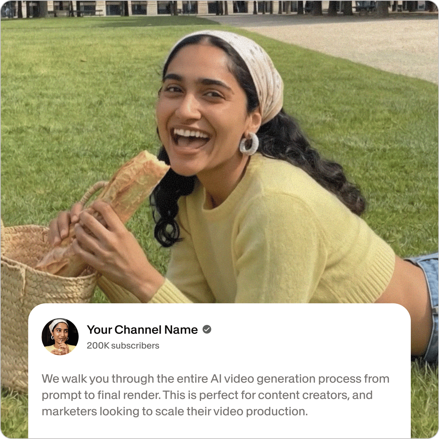 YouTube Description Generator overlay on woman smiling with bread at picnic and channel card for growing subscribers and video content