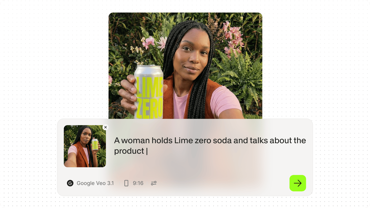 Woman holding a Lime Zero soda can generated from a text prompt using Google Veo AI animation generator.