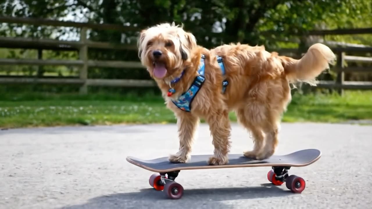 Dog skateboarding on a residential driveway, showcasing creative video content possibilities.
