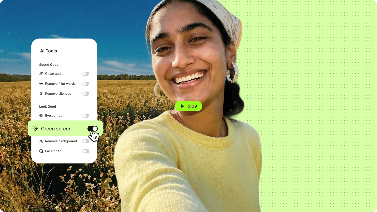 Smiling woman in a field using a green screen editor menu to swap backgrounds on her webcam video recording.