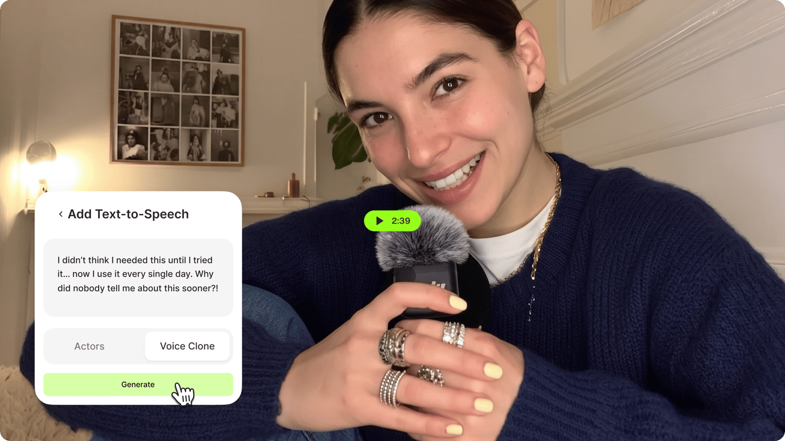Smiling woman holding a microphone with an open text to speech overlay window and a cursor clicking generate.