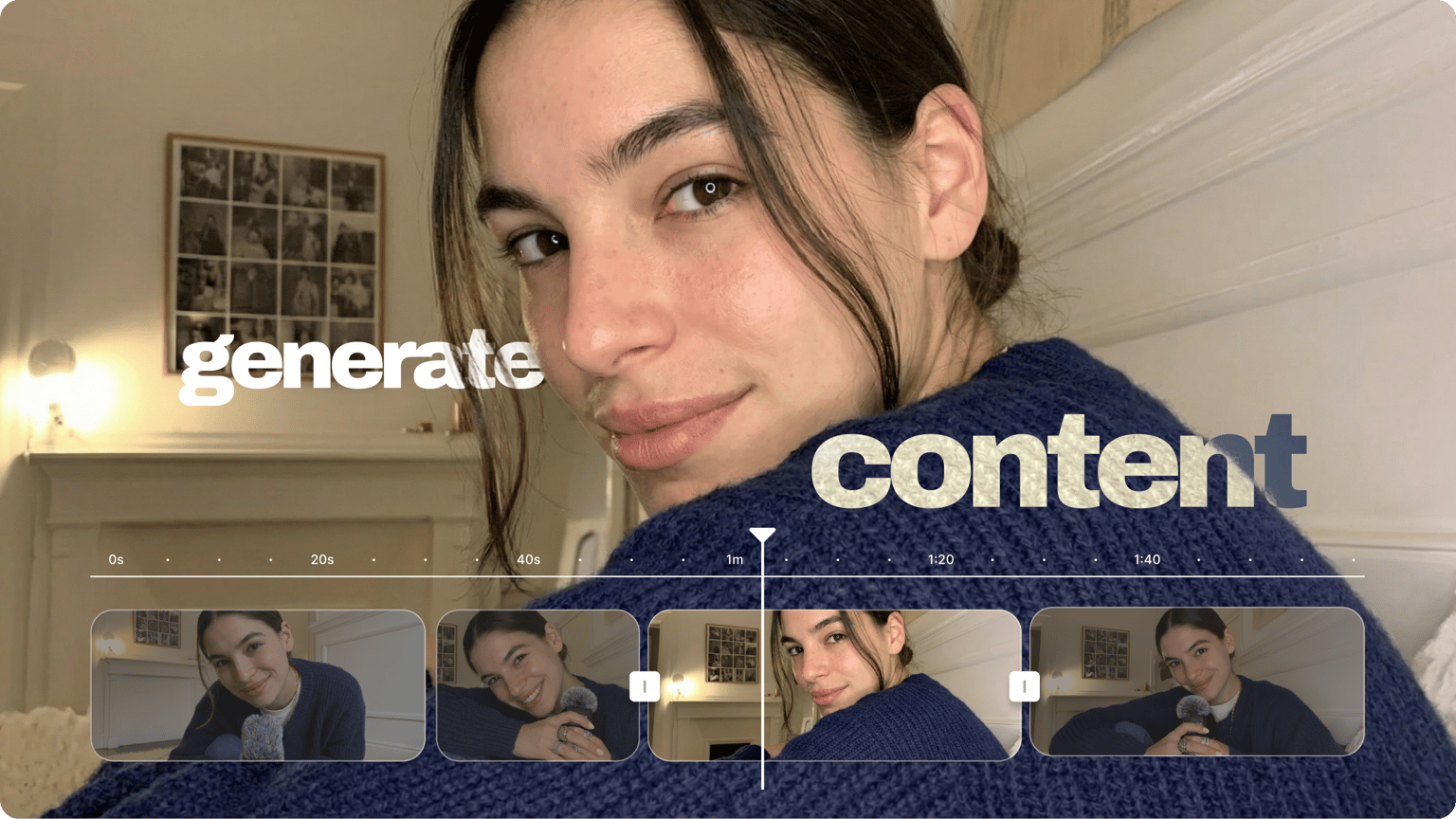 Woman looking over shoulder with video editing timeline overlay showing generate content feature under content generator