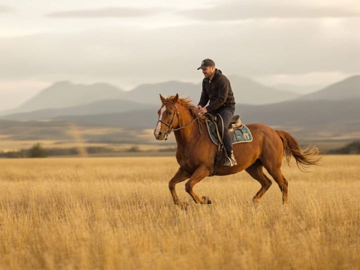 Unblurred photo of a rider galloping a horse across a field